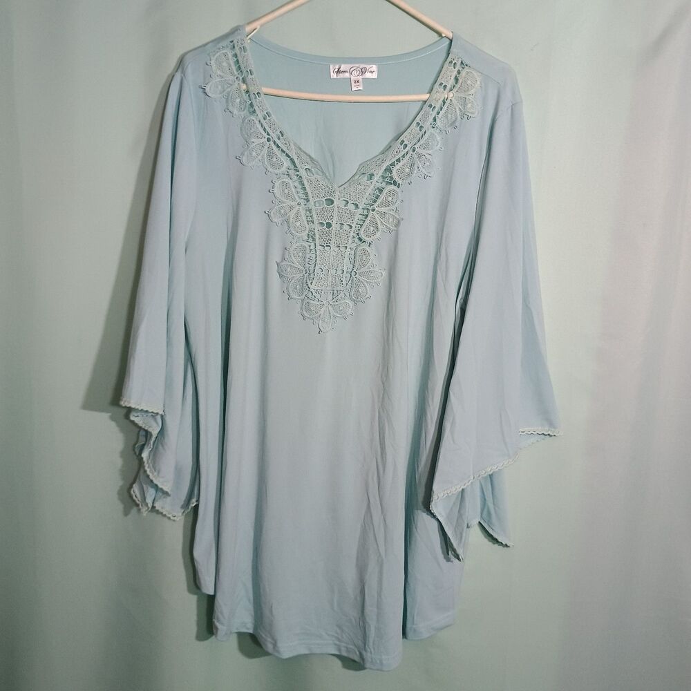 Light Blue Crochet Lace V-Neck Blouse Bell Sleeve Boho Tunic Top